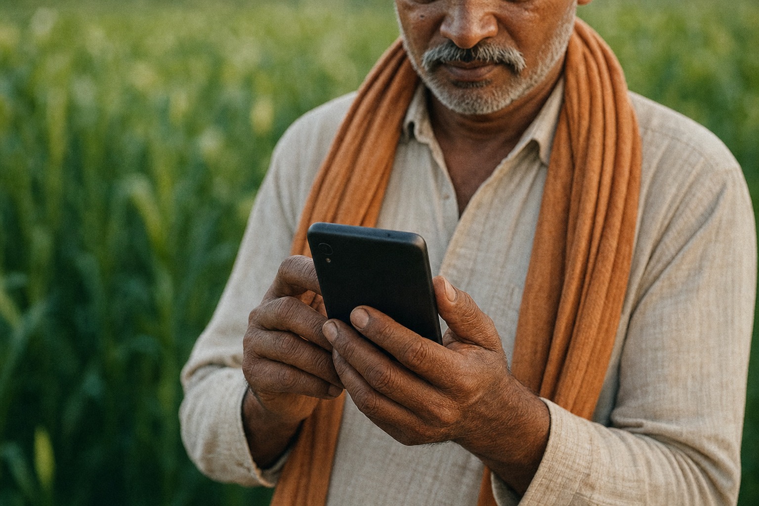 Indian farmer using mobile phone for agricultural advice