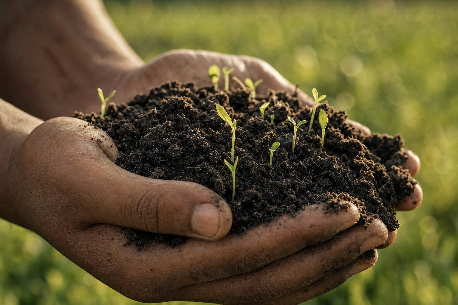 Rich dark soil with green shoots emerging — regenerative agriculture