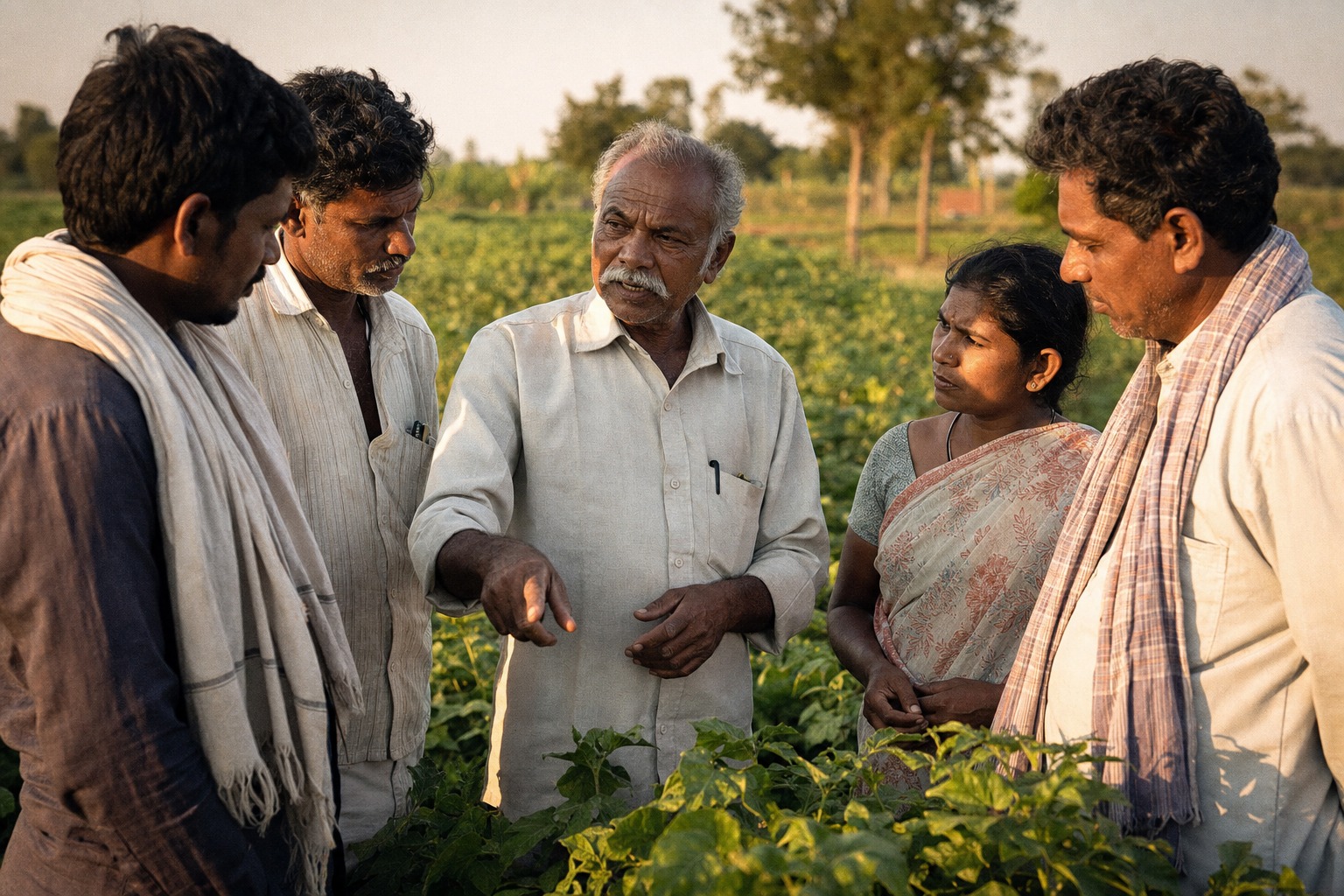 Group of farmers in golden hour discussing field practice