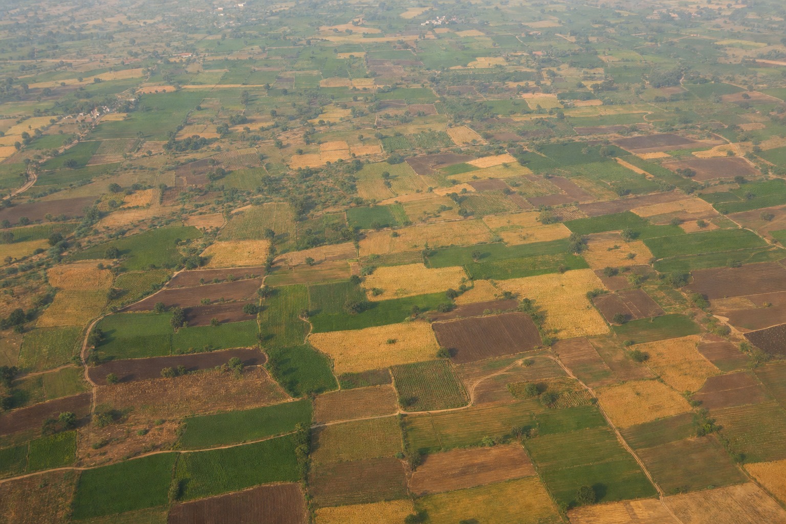 Aerial view of Indian patchwork farmland in varied crop colours